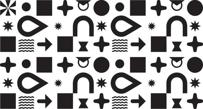 negro y blanco resumen geométrico modelo presentando formas me gusta círculos, cuadrícula, y estrellas vector