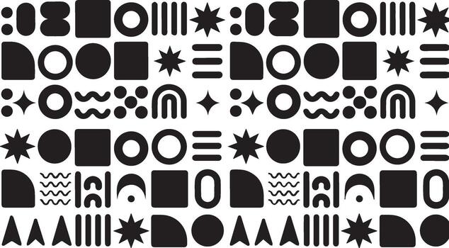 sin costura modelo de negro y blanco geométrico formas círculos, cuadrícula, triangulos, estrellas y líneas vector