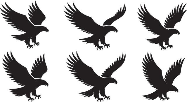 Six Silhouetted Eagles in Flight, Predatory Birds with Spread Wings and Sharp Talons on White Background vector