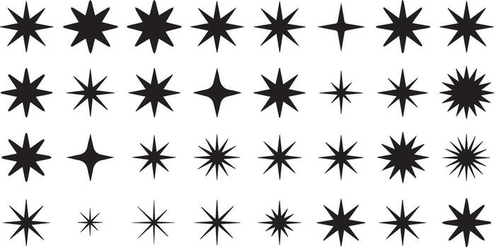 Various Black Silhouette Star Shapes with Different Points Arranged in Rows on White Background vector
