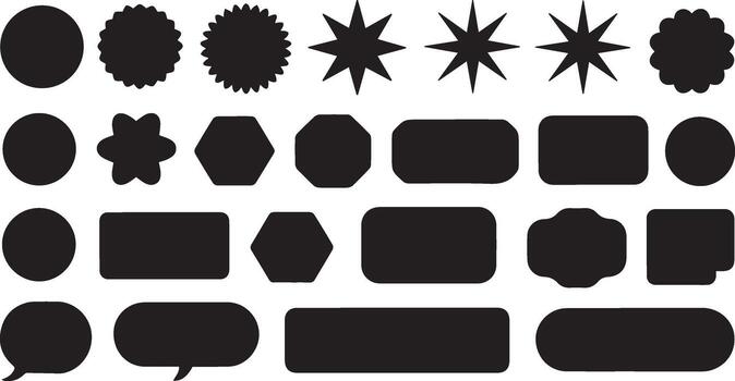 An Array of Varied Black Silhouette Shapes Including Stars, Circles, Hexagons, and Speech Bubbles vector