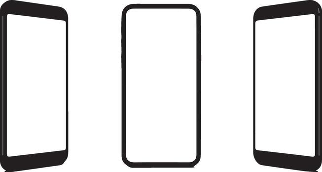 Three Black Smartphones Displaying Blank White Screens from Different Angles on White Backdrop vector