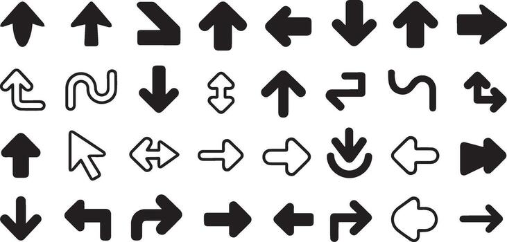 Various Directional Arrow Shapes in Black and White Up, Down, Left, Right, and Curved vector
