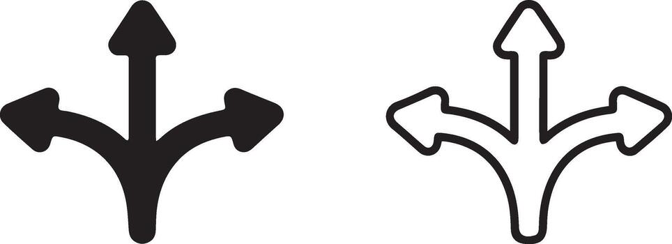 ThreeWay Directional Arrows Black Filled and Outline Icons Showing Different Paths Choices vector