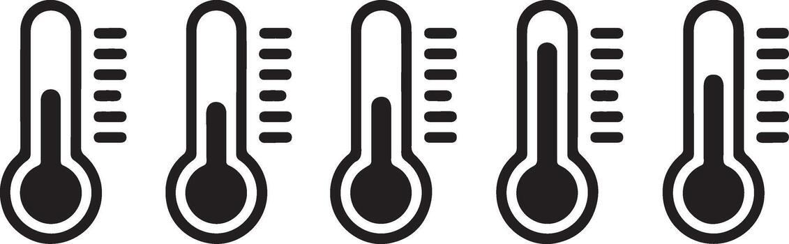 Black and White Thermometer Icons Showing Different Temperatures, Featuring Measurement Scale and Rounded Bulb vector