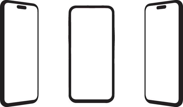 Three Black Outline Smartphone Mockups Front, Left Angled, and Right Angled Views on White Background vector