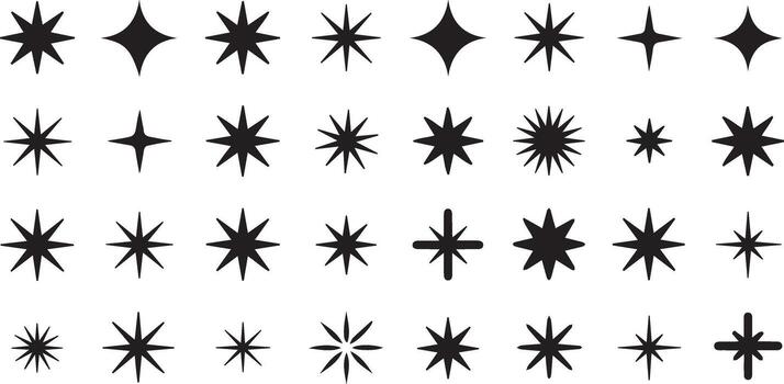 Various Black Star Shapes and Starburst Design Elements Arranged in a Pattern on White Background vector