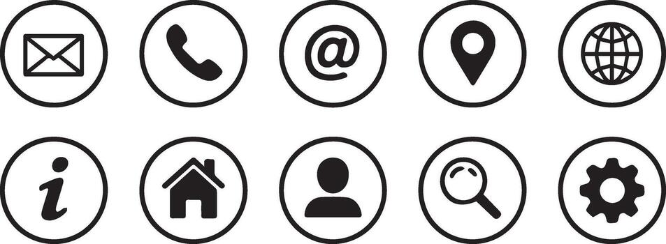 Collection of Circular Black and White Icons Representing Contact, Location, Information, Settings, and More vector