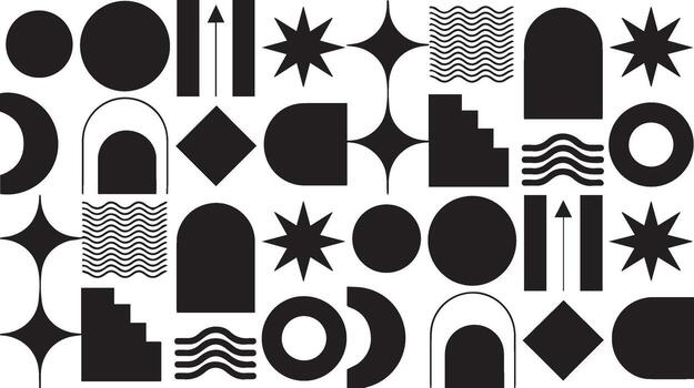 Geometric Pattern with Black Circles, Stars, Arches, Squares, Waves, and Lines Isolated on White vector