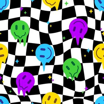 Crazy smiling melt colorful faces on black and white geometry background. Retro groovy seamless pattern. Psychedelic backdrop vector