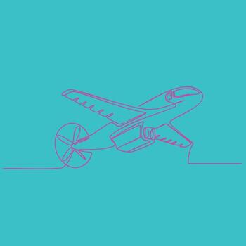 Minimalist Line Drawing of a Small Propeller Aircraft with a Single Wing and Tail on a Bright Blue vector