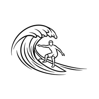 Dynamic surfer riding a powerful wave with a sense of motion and energy in a minimalist line art style vector