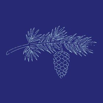 Elegant pine branch with a cluster of pinecones depicted through delicate dotted lines on a deep blue vector