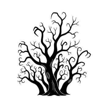 silueta de un sin hojas, retorcido árbol con intrincado ramas y arremolinándose patrones en contra un llanura vector