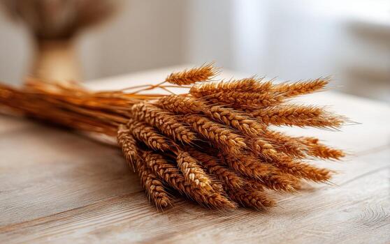 Dried wheat stalks arranged on a wooden table for rustic decor in a cozy indoor setting photo