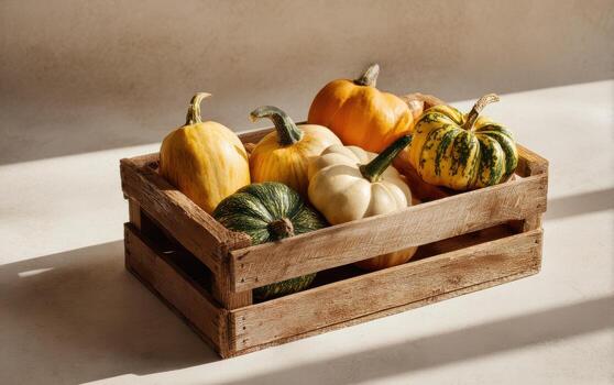 Rustic wooden crate filled with colorful assorted pumpkins for autumn decoration photo