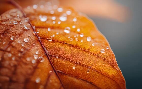 Orange-brown autumn leaf with dew drops showcasing intricate vein patterns in a tranquil setting photo