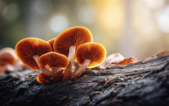 Mushrooms thrive on old tree bark illuminated by soft golden light in a serene forest setting photo