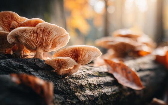 Mushrooms flourishing on aged tree bark amidst soft golden light in a forest photo