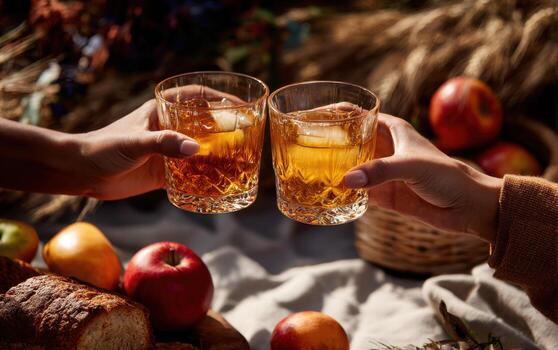 Friends toast with apple cider glasses in a cozy autumn setting surrounded by apples and fresh bread photo
