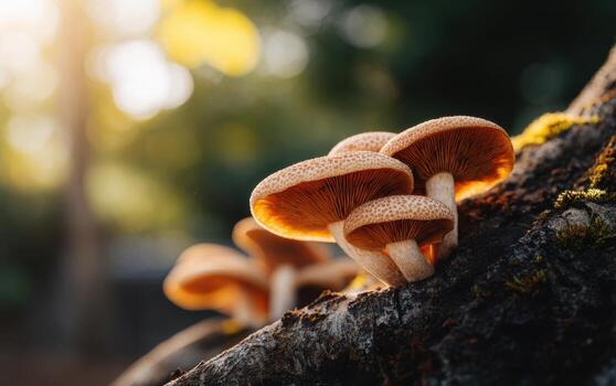 Mushrooms thrive on aged tree bark embraced by soft golden light in a serene forest setting photo