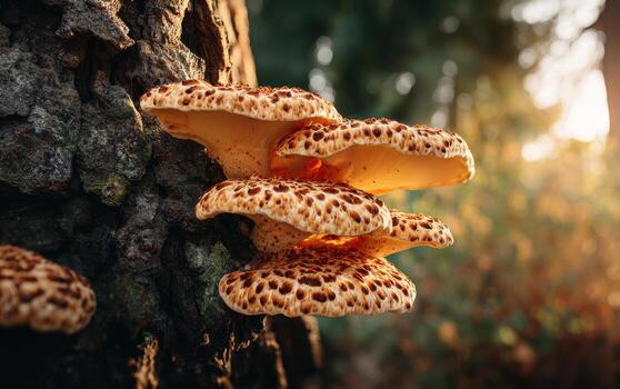 Bracket fungus grows on rough tree bark in warm sunlight, showcasing nature's intricate details in a forest setting photo