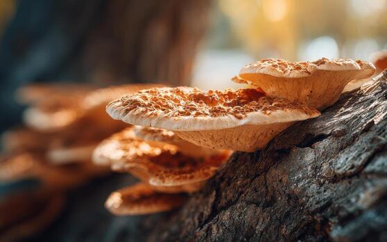 Bracket fungus thriving on rugged tree bark in warm sunlight, showcasing nature's beauty and diversity in a serene forest setting photo