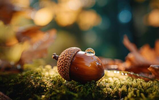 Brown acorn rests on vibrant moss while water droplets reflect morning light in a serene forest environment photo