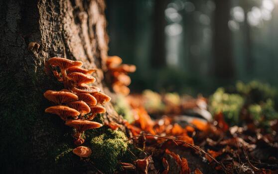 Clusters of vibrant fungi sprout from tree bark on a warm afternoon in a serene forest photo