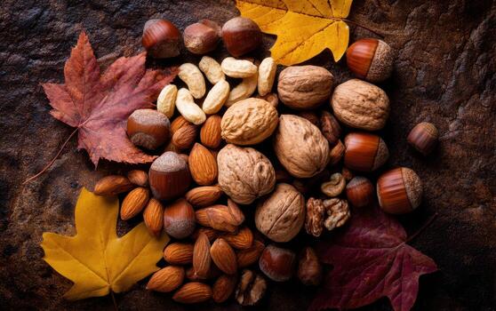 Variety of nuts including walnuts, almonds, and acorns arranged with autumn leaves on a rustic surface photo