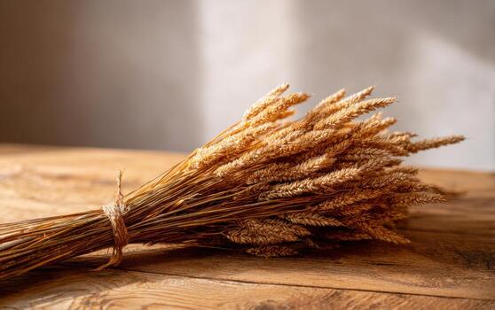 Dried wheat stalks neatly tied and arranged on a rustic wooden table during soft evening light photo