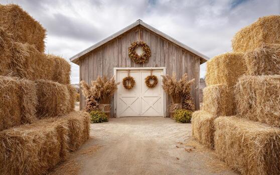 Cozy farm entrance with stacked hay and rustic charm surrounding the barn on a cloudy day photo