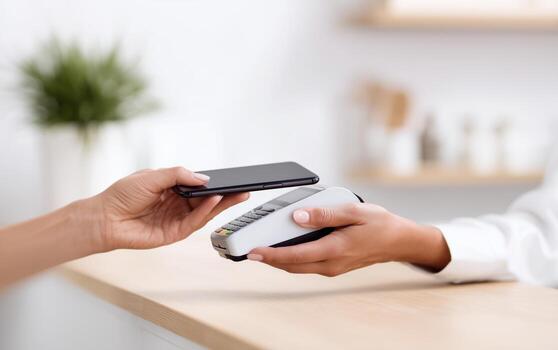 Woman's hand using smartphone to make contactless payment at counter in modern retail environment photo