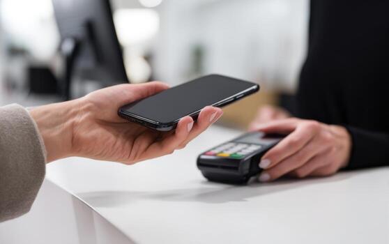 Person making mobile payment at a retail counter using smartphone in a modern store environment during daytime photo