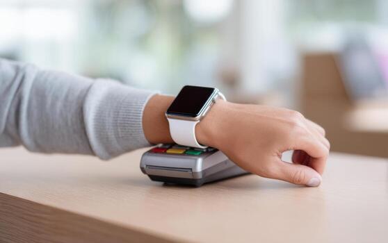 Smartwatch payment method in use at a point of sale terminal during a busy shopping day photo