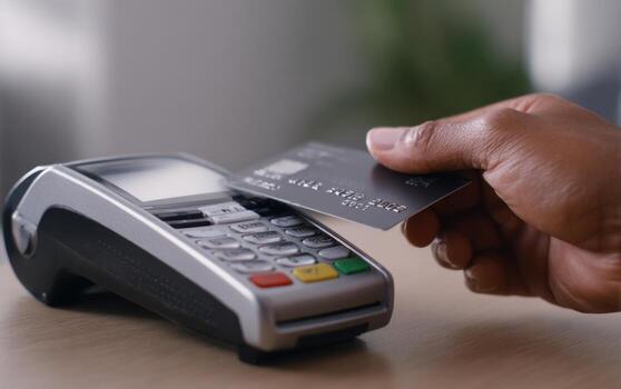 Payment process with credit card being inserted into POS terminal at a retail location photo