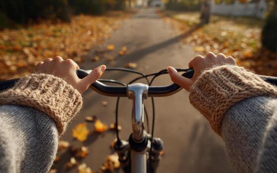 Hands gripping bicycle handlebars, wearing cozy sweater, riding through a colorful autumn path in the early evening light photo