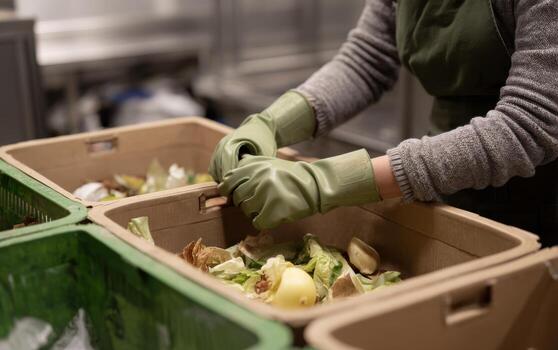 Sorting biodegradable waste into bins for sustainable disposal in a clean environment photo