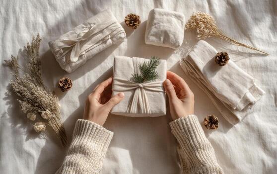 Gifts wrapped in reusable cloth surrounded by decorative elements on a soft fabric background photo