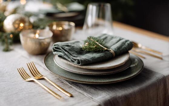 Beautifully arranged Christmas table setup featuring layered green elements and elegant decor for a festive gathering photo