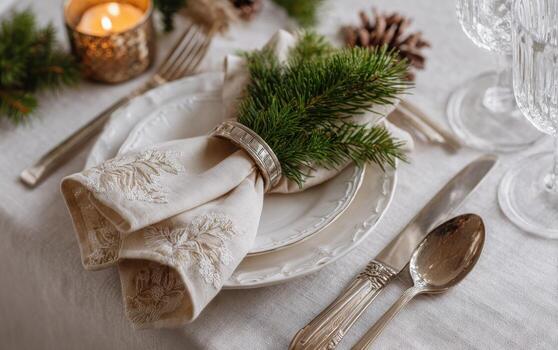Elegant holiday table setting with layered green tones and natural decor elements for a festive dinner gathering photo