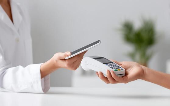 Person using smartphone for contactless payment at modern retail location during daylight hours photo