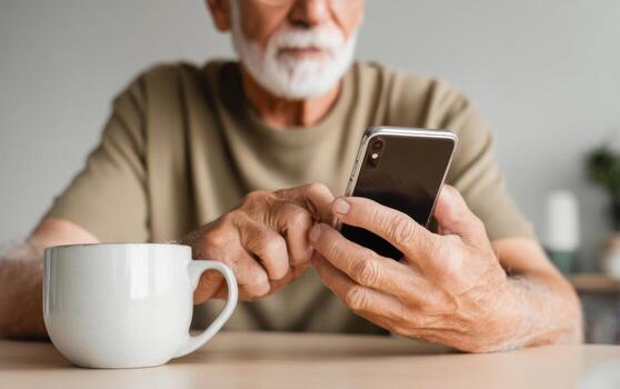 Man uses password manager app on smartphone while enjoying coffee in cozy indoor space photo