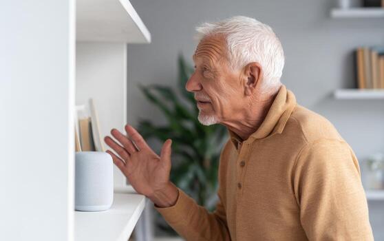 Elderly man engaging in conversation with a smart speaker in a cozy living room setting photo