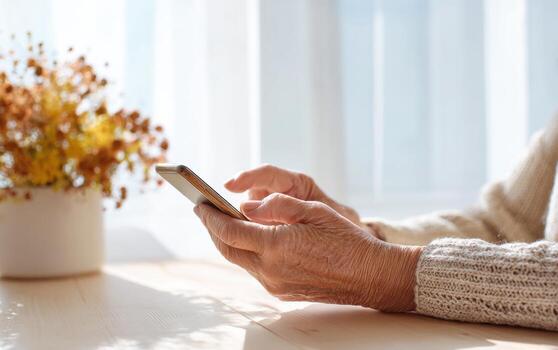Hands of a person using a smartphone for a chat at a bright indoor setting with natural light photo