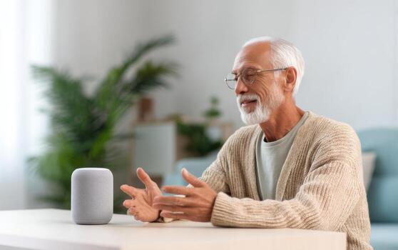 Senior man interacts with smart speaker using voice commands in cozy living room setting photo