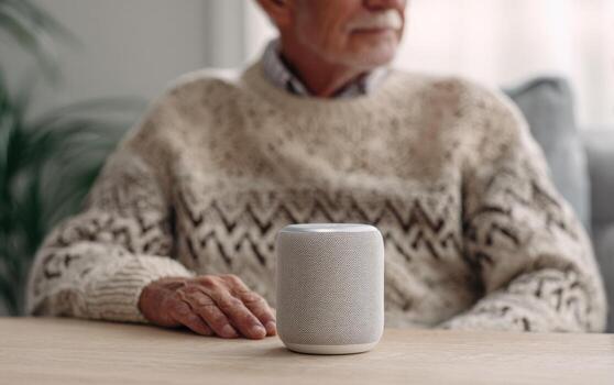 Man in cozy sweater interacts with smart voice assistant during a peaceful afternoon at home photo