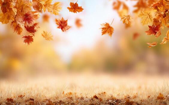 Colorful autumn leaves fall gently against a blurred backdrop of trees in a serene forest photo
