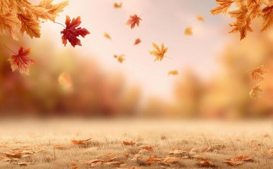 Colorful autumn leaves dancing in the breeze against a blurred tree background during fall photo