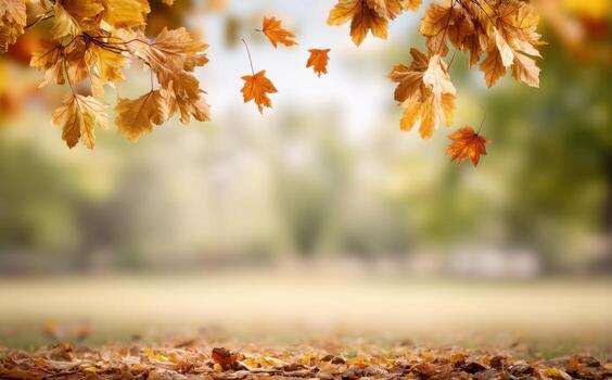Colorful autumn leaves falling amidst a blurred forest background in a serene outdoor setting on a quiet day photo
